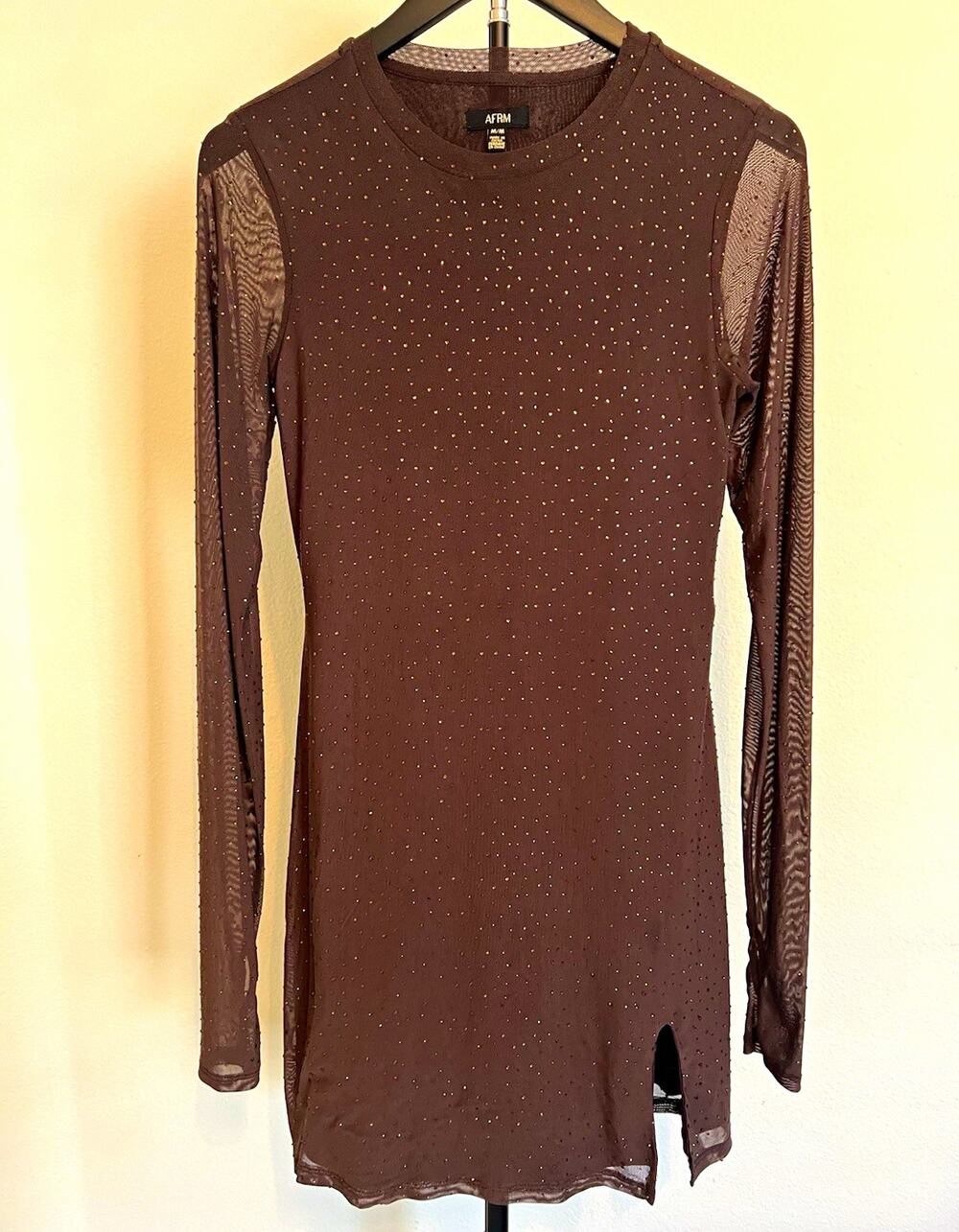 AFRM Brown Long Sleeve Rhinestone Studded Dress Women’s Size M Sheer Sleeves
